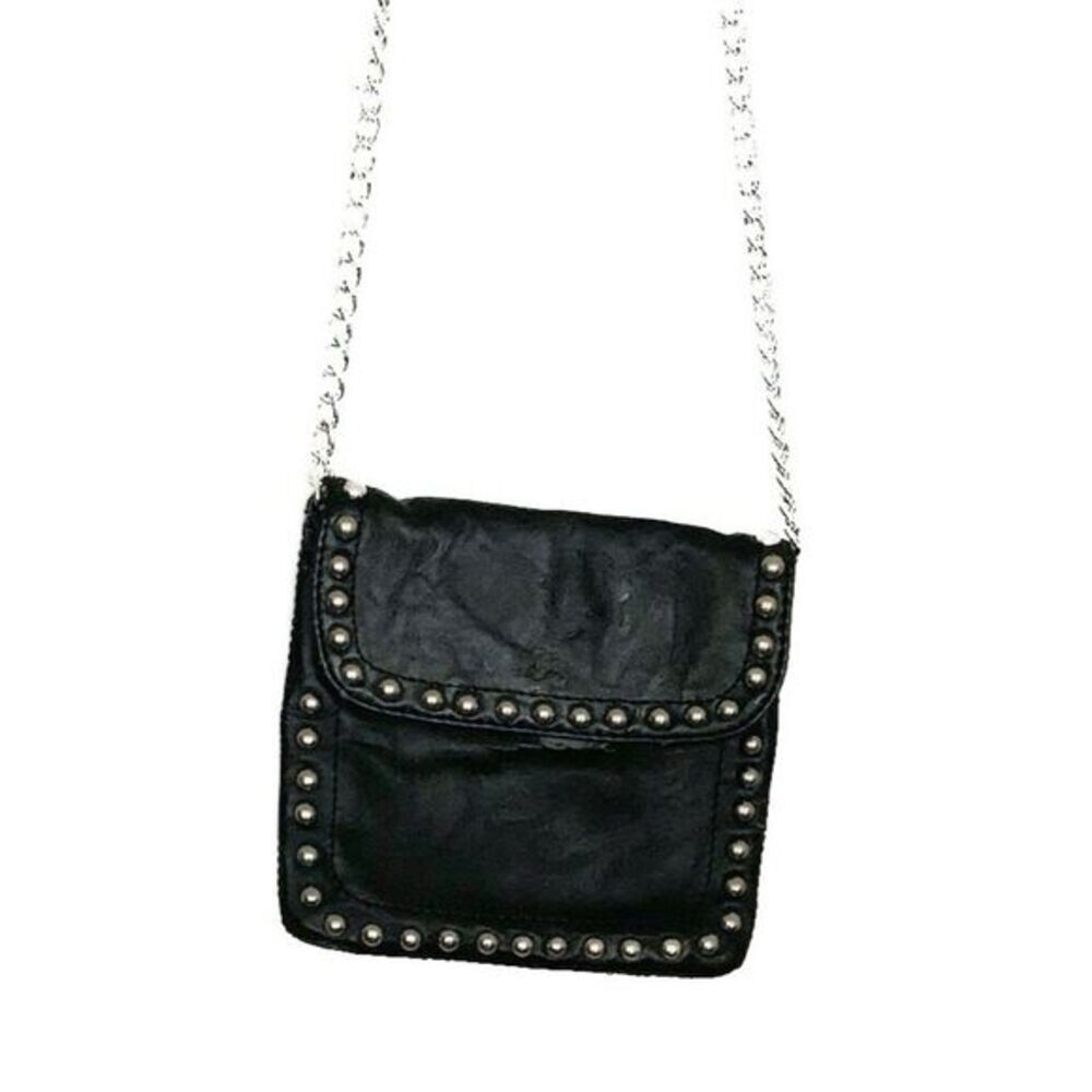 Expressions NYC Studded Black Leather Mini Crossbody Bag with Chain Strap